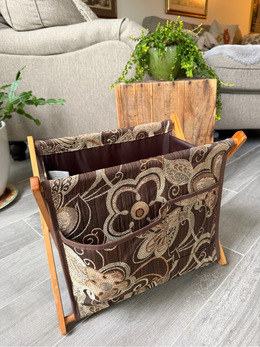 Floral Brown Fabric Knitting Caddy/Organizer with Wooden Frame